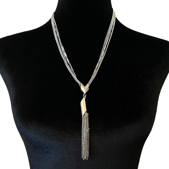 Multi-Layer Silver-Tone Tassel Pendant Necklace With Geometric Design - Picture 1 of 3